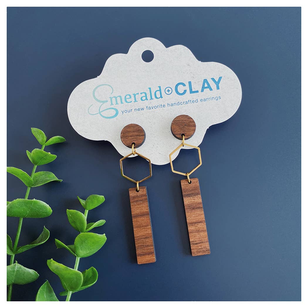 Emerald and Clay - Wholesale Dangle Earrings - Wood Earrings - Metal Hex with Wood Bar1
