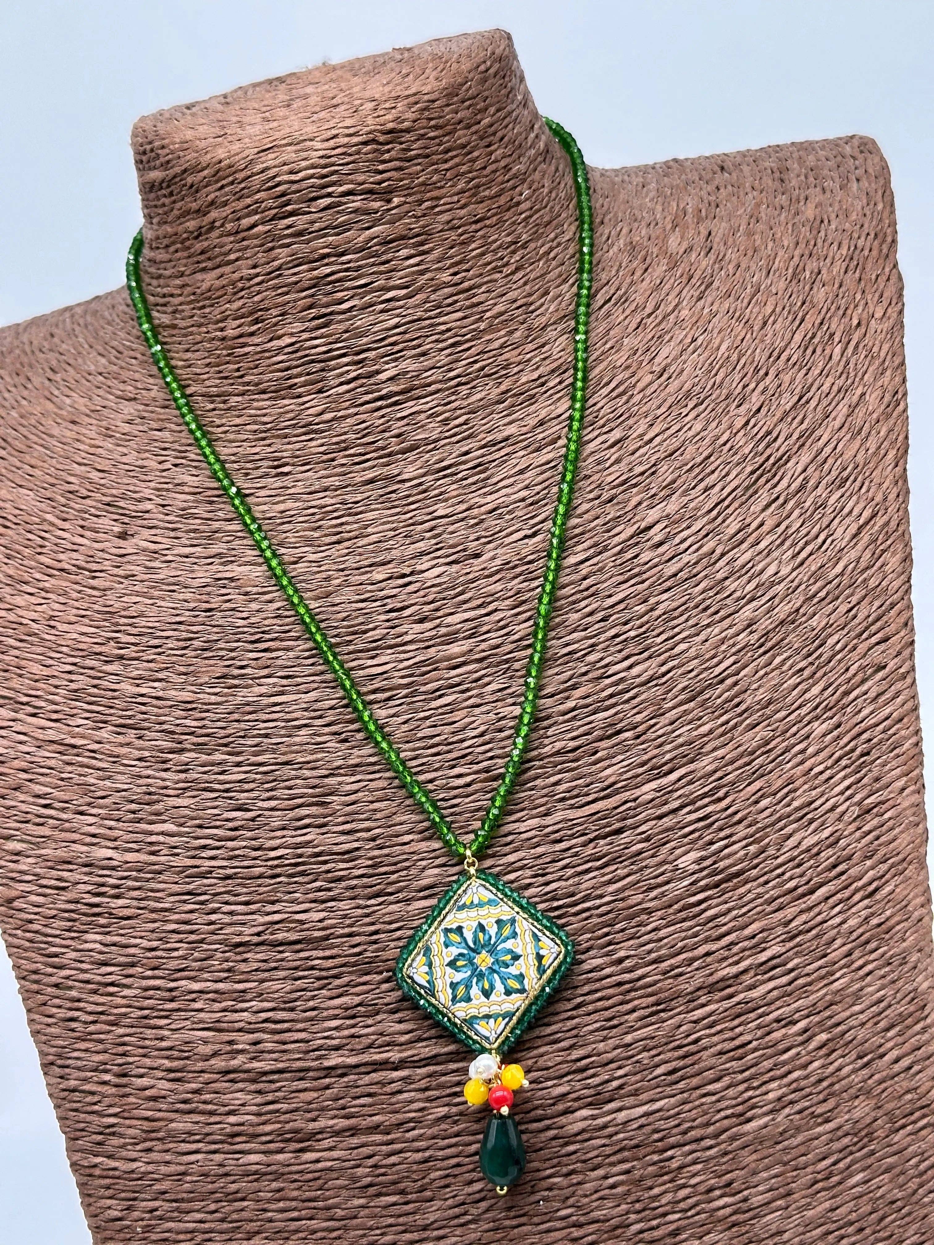 DD Ceramiche Siciliane - Wholesale Pendant/Charm Necklace - Caltagirone Ceramic Tile Necklace Baroque Decor, green beaded chain3