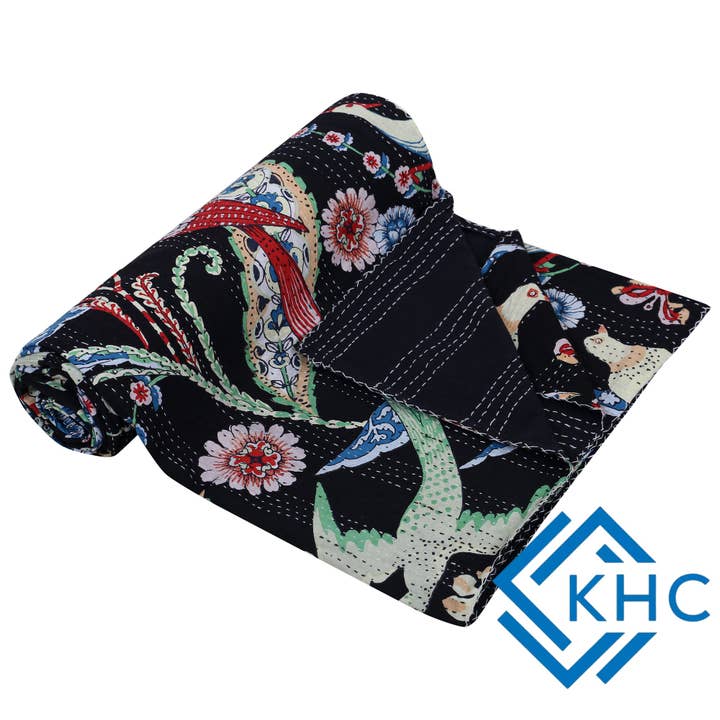 KHC – wholesale Quilt – Navy Blue Bird Print Bohemian Quilt Bedding
