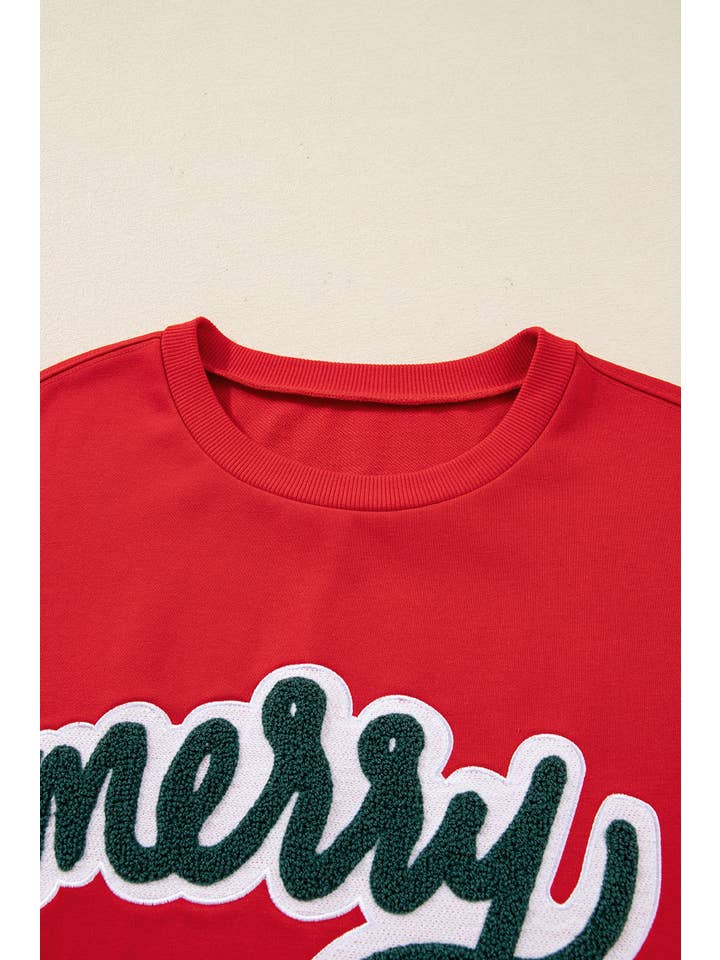 Fiery Red Christmas Merry Script Holiday Sweatshirt for wholesale on Faire2