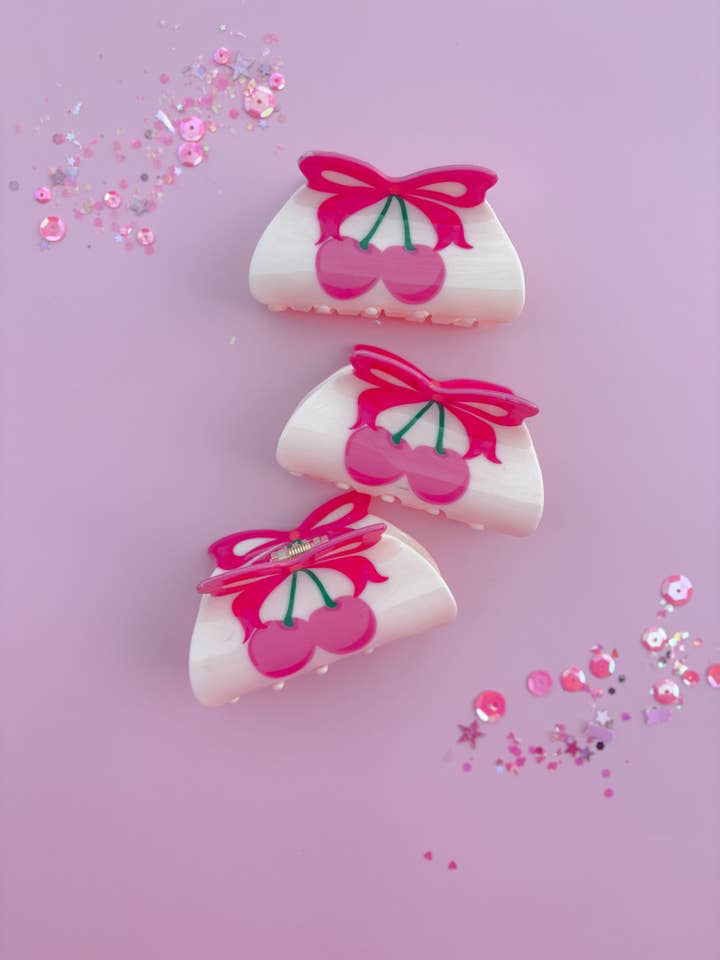 Pink Cherry Bow Medium Claw Clip for wholesale by Evie Pearl Handmade LLC