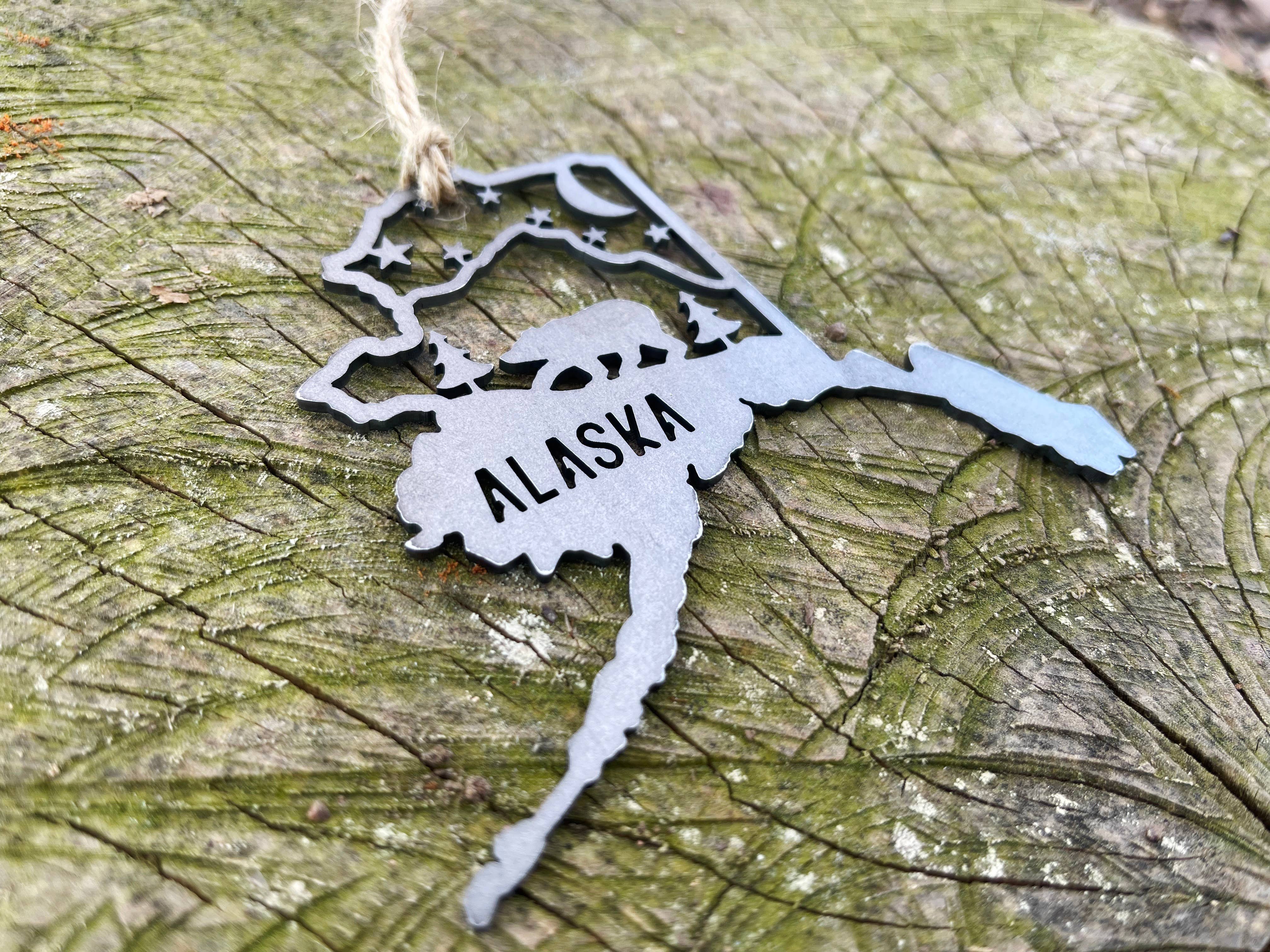 BE Creations & Designs, Inc. - Wholesale Ornament - Alaska State Bear Scene Raw Steel Ornament made in USA *NEW5