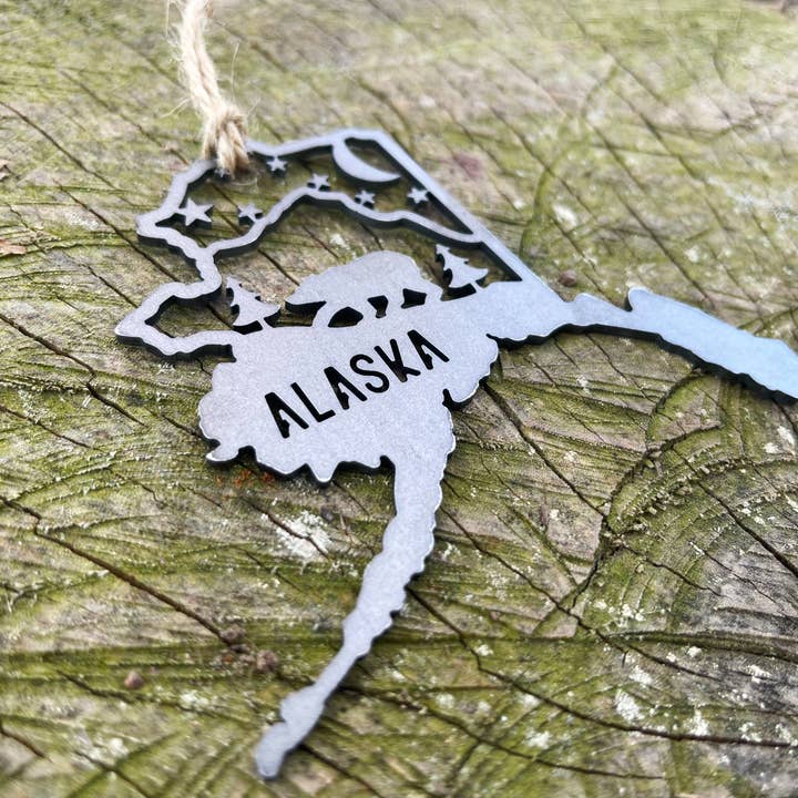 BE Creations & Designs, Inc. - Wholesale Ornament - Alaska State Bear Scene Raw Steel Ornament made in USA *NEW5