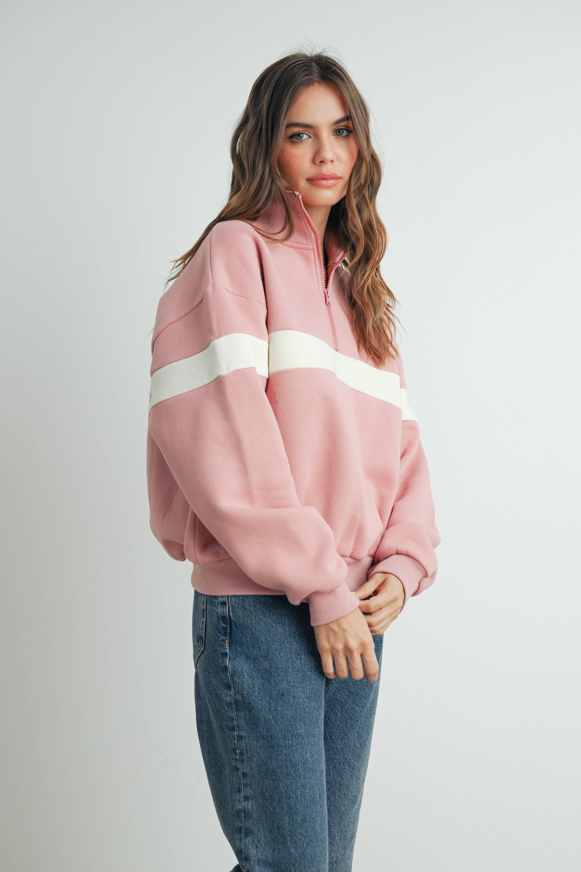 BUTTERMELON - Wholesale Sweatshirt - Women's - Two-Toned Half Zip Collar Sweatshirt - BMT753531