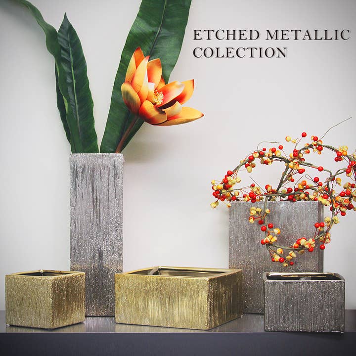 Etched Metallic Collection | Ceramic Orchid Pot, Etched Gold for wholesale on Faire