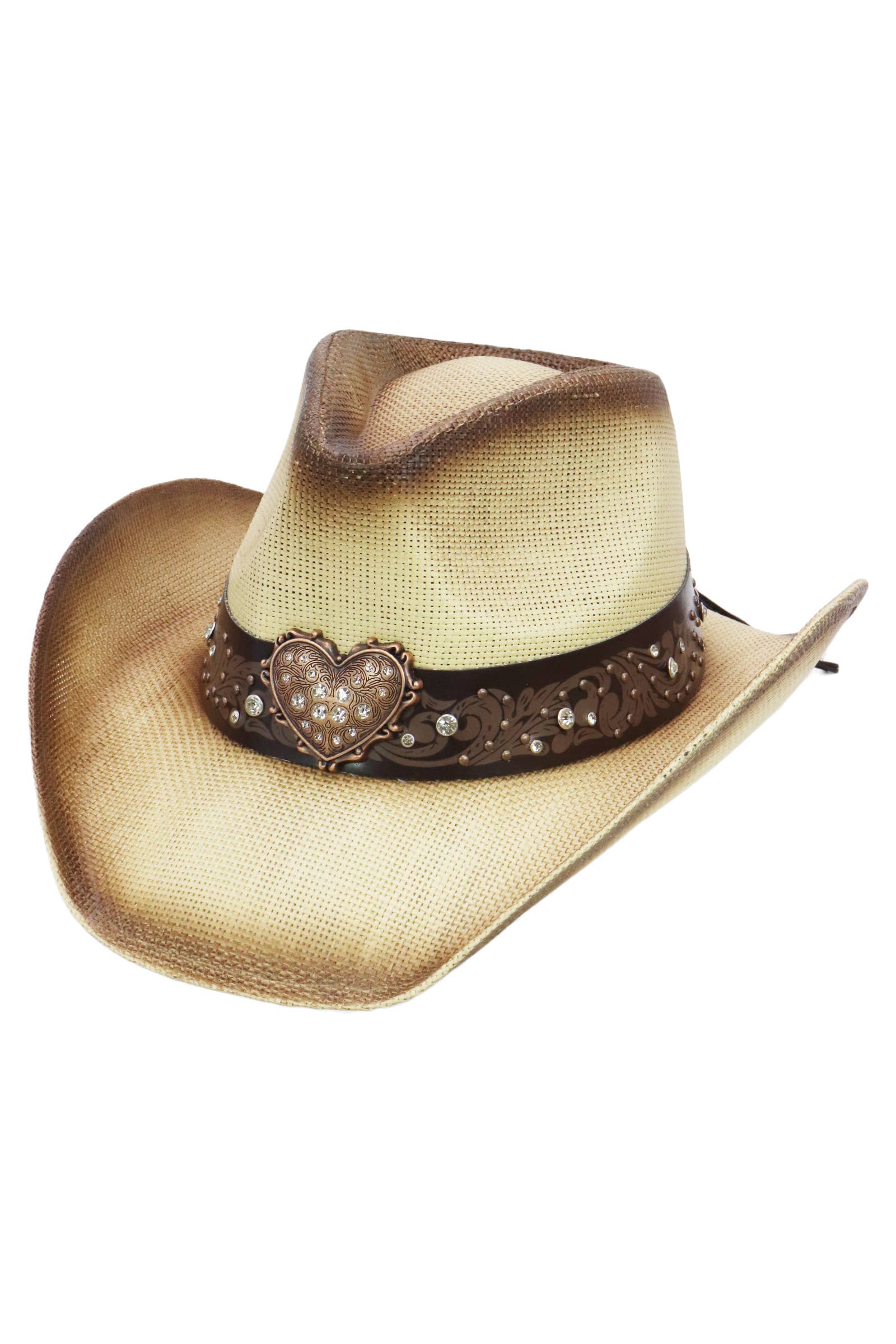 Cap Zone - Wholesale Cowboy Hat - Unisex - Heart Bling Rhinestone Belt Ombre Straw Cowboy Hat0