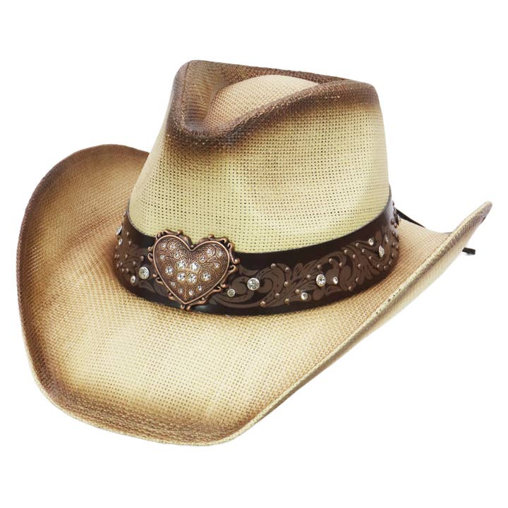 Cap Zone - Wholesale Cowboy Hat - Unisex - Heart Bling Rhinestone Belt Ombre Straw Cowboy Hat