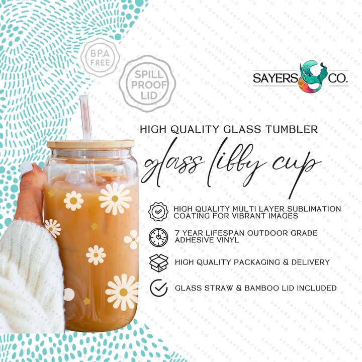 Sayers & Co. – wholesale Drinking glass/cup – 16oz Spring Flowers Glass Cup with Bamboo Lid & Straw #1001298