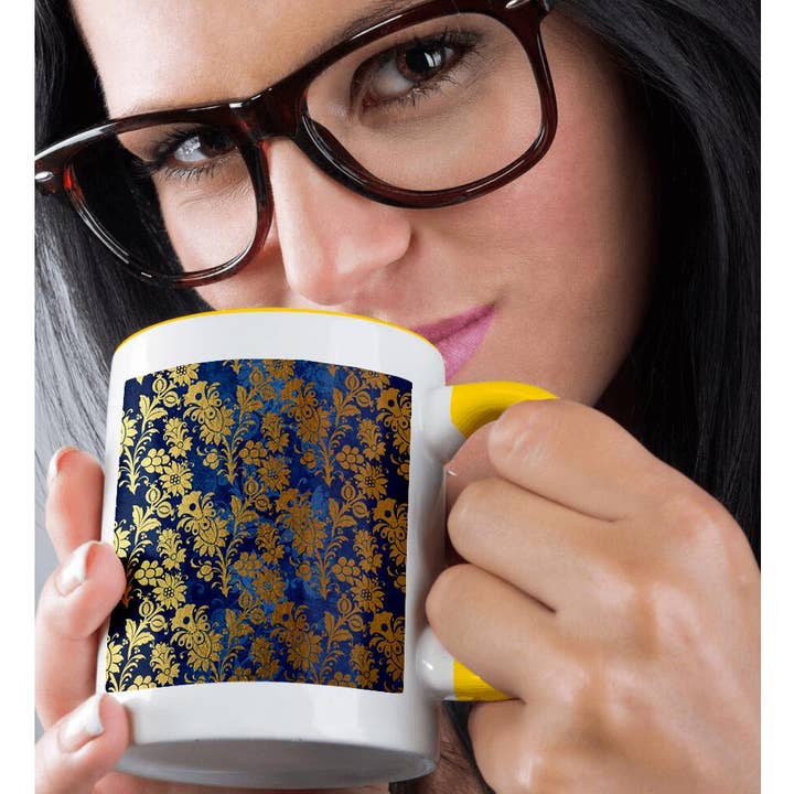 3dRose - Wholesale Coffee Mug - 3dRose, Blue and Gold Floral Damask Over Damask , Mug1