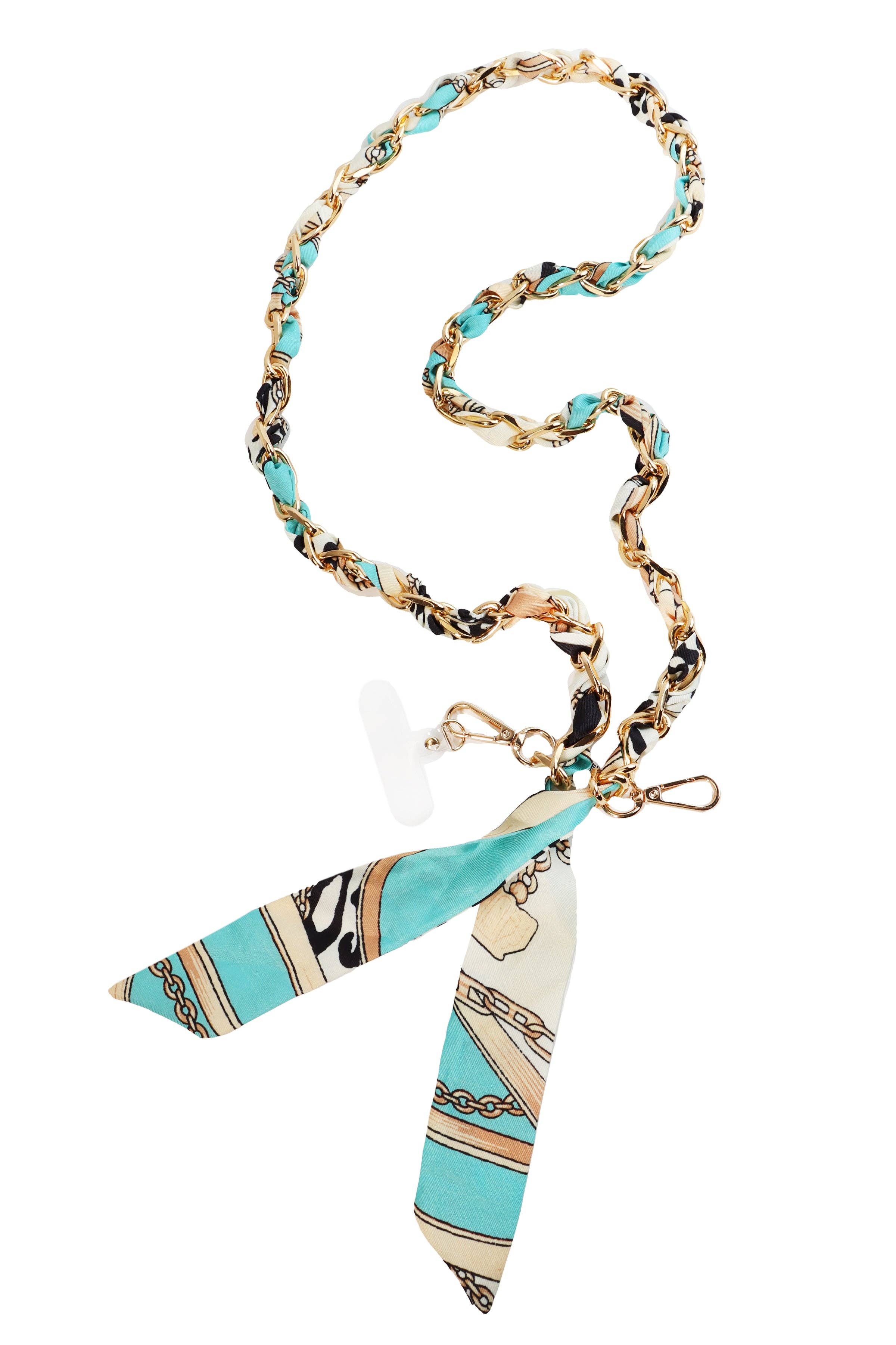 What's Hot - Wholesale Phonecase Strap - Blue/White Scarf with Gold Knotted 46" Phone Chain