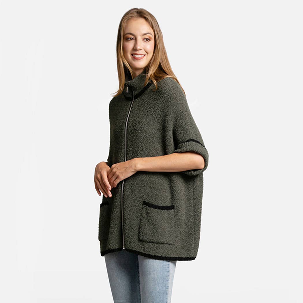 Fashion City - Wholesale Outerwear Poncho - Women's - Solid Zipper Jacket with Outlined Edges19