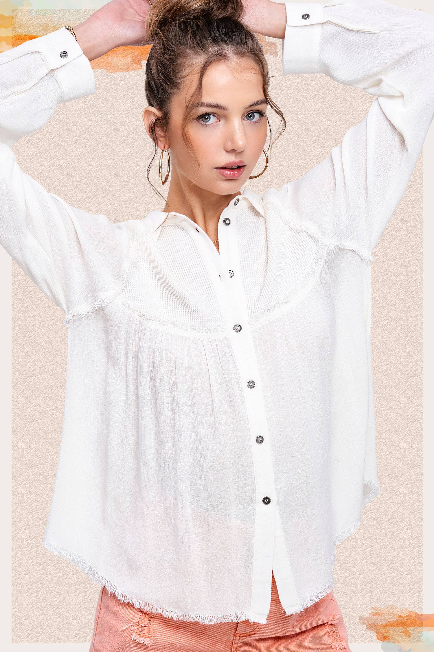 La Miel - Wholesale Button Down Shirt - Women's - SRT7802-Soft Washed Button Down Waffle Textured Gauze Shirts12