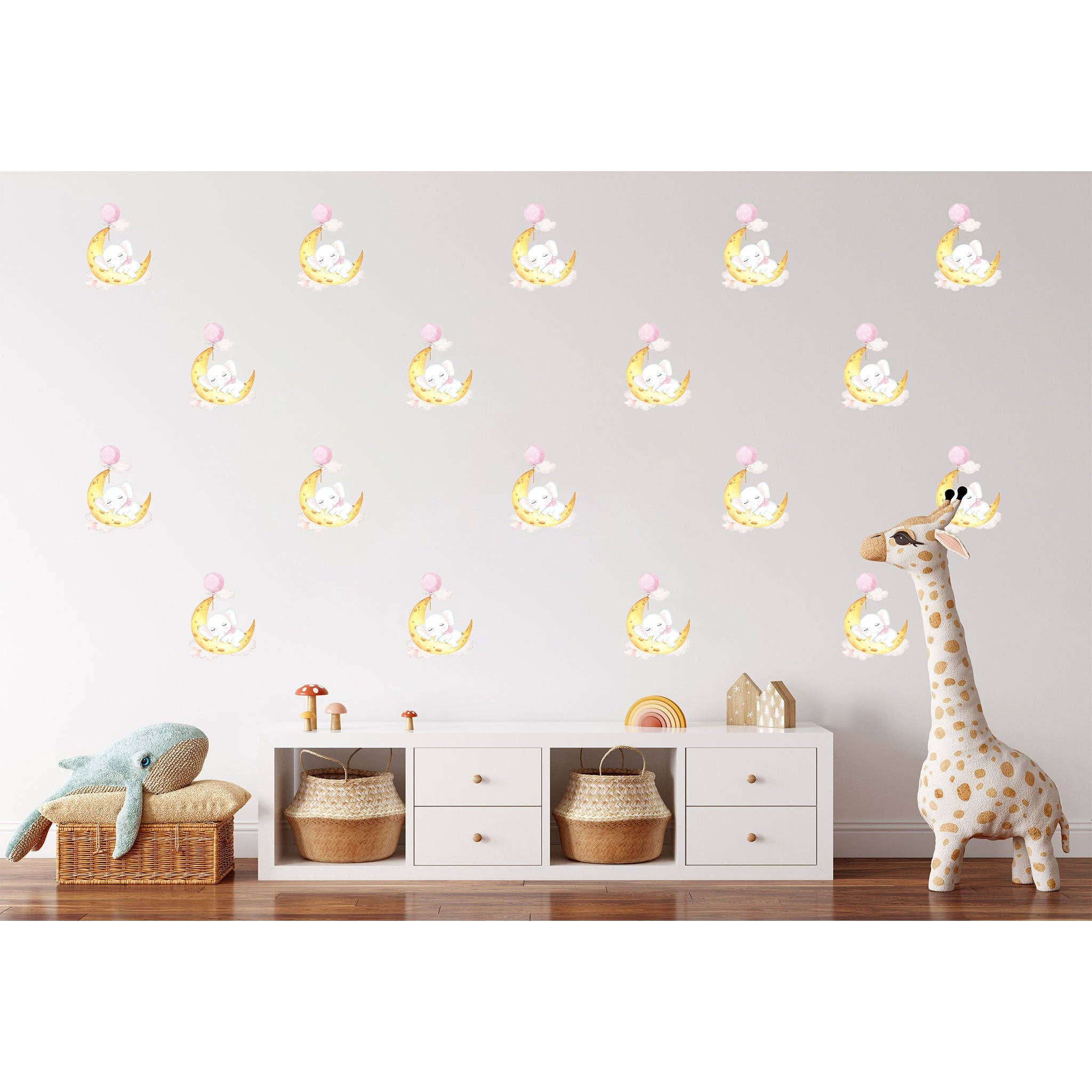 Hello Beautiful Designs - Vente Décoration murale – enfant et bébé - Adorable mini éléphant endormi sur la lune avec ballon rose flottant, autocollant mural réutilisable pour chambre d'enfant, décoration murale pour chambre d'enfant2
