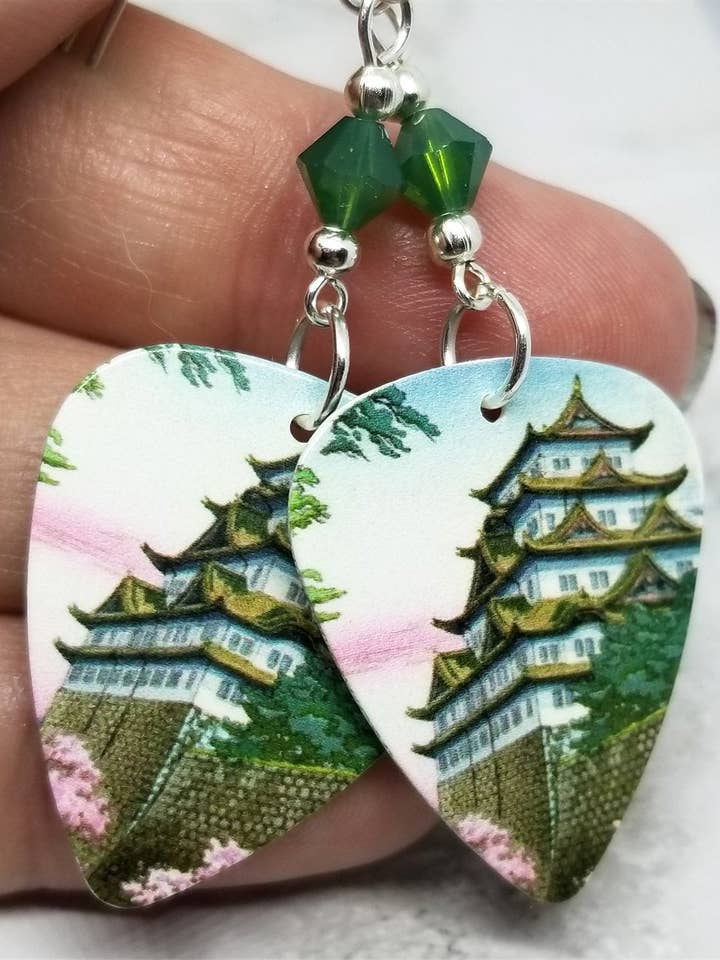 Tsuchiya Koitsu Nagoya Castle Guitar Pick Earrings with Green Opal Swarovski Crystals for wholesale by Simply Raevyn