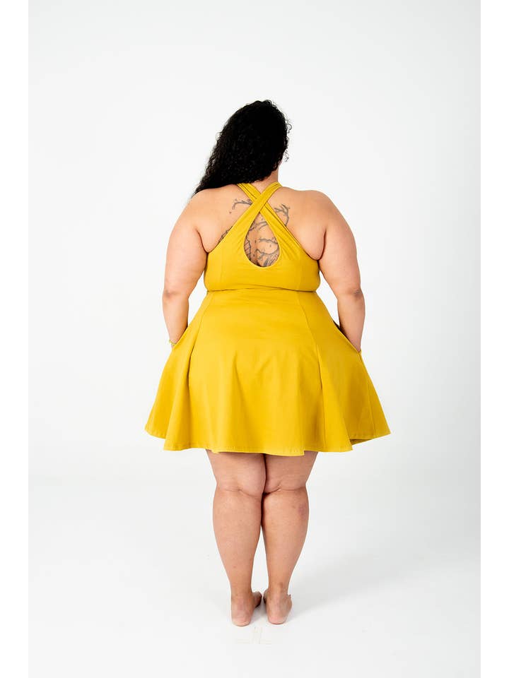 Asri Cross Back Mini Dress In Mustard Seed for wholesale on Faire