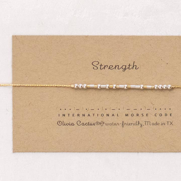 Strength Morse Code Bracelet on Chain for wholesale by Morse and Dainty Hand Made Morse Code Dainty Jewelry