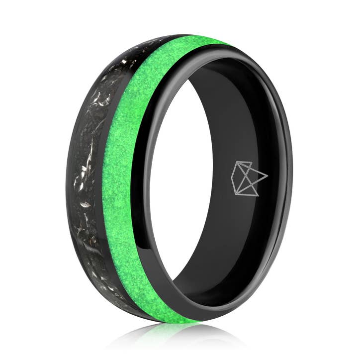 Black Tungsten Ring - Green Glow & Real Meteorite for wholesale by EMBR