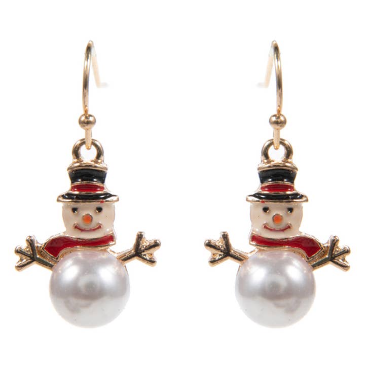 Designature New York - Wholesale Dangle Earrings - Christmas Snowman Enamel Pearl Brass Hook Earrings2