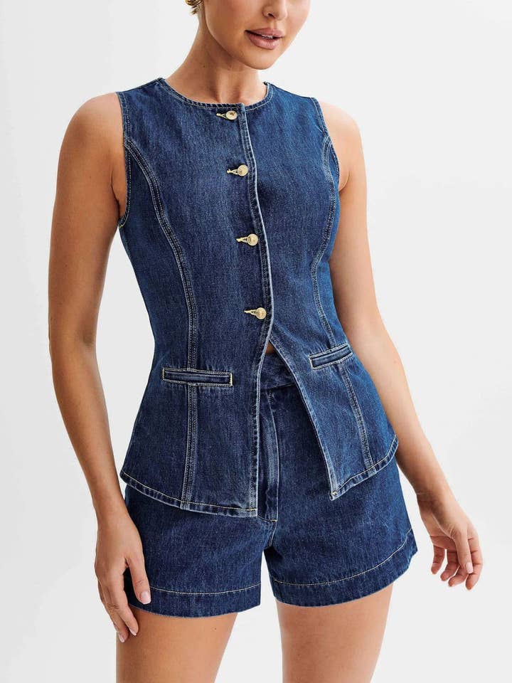 Women Fashion Casual Sleeveless Vest And Denim Shorts Two-Piece Set for wholesale on Faire4