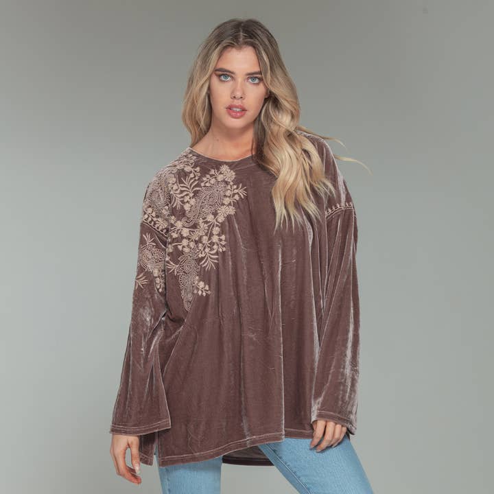 Paparazzi By Biz - Wholesale Blouse - Women's - 1321-MAT Stretch Velvet Tonal Embroidered Shoulder Top