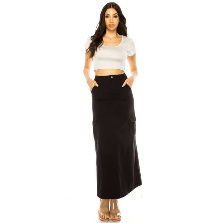 BLACK COLOR CARGO POCKET LONG DENIM SKIRTS for wholesale by great smoky
