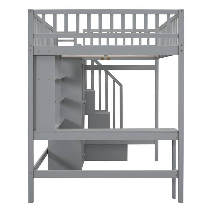 Gray Full size Loft Bed with Bookshelf, Drawers, Desk for wholesale on Faire8