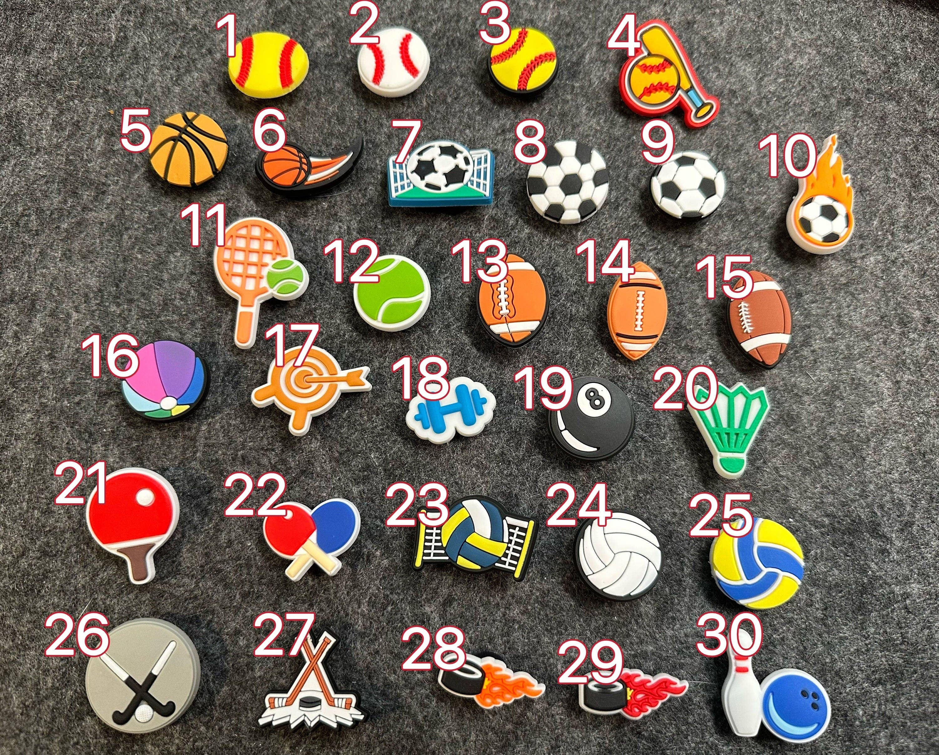 JuliesDecal – Acessórios de calçado por atacado – Escolha o seu próprio tema de bolas, exercício simples, atletismo, encantos de sapato desportivo0