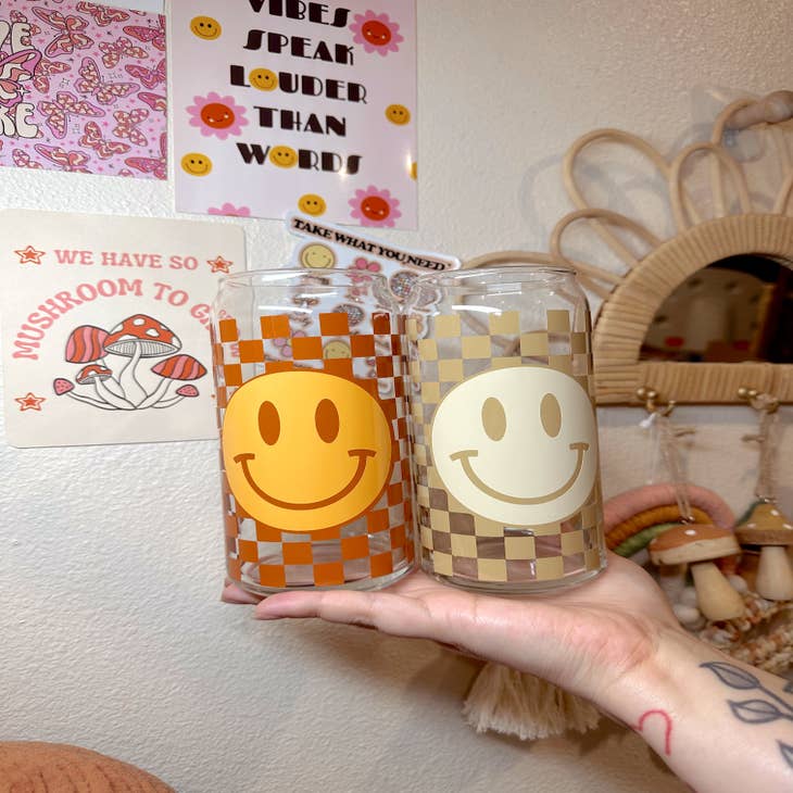 You Make Me Happy | Smiley Face Checkered | Glass Cup