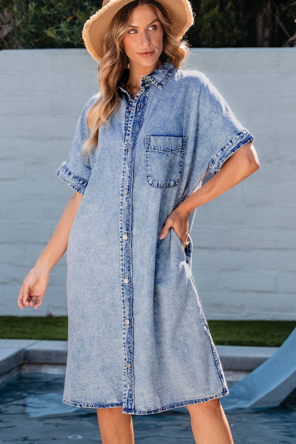Light Blue Loose Medium Wash Chambray Dress with Short Sleeves for wholesale on Faire