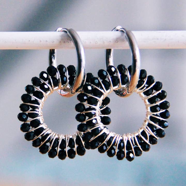 Steel earring with round faceted pendant - black/silver for wholesale by Bazou