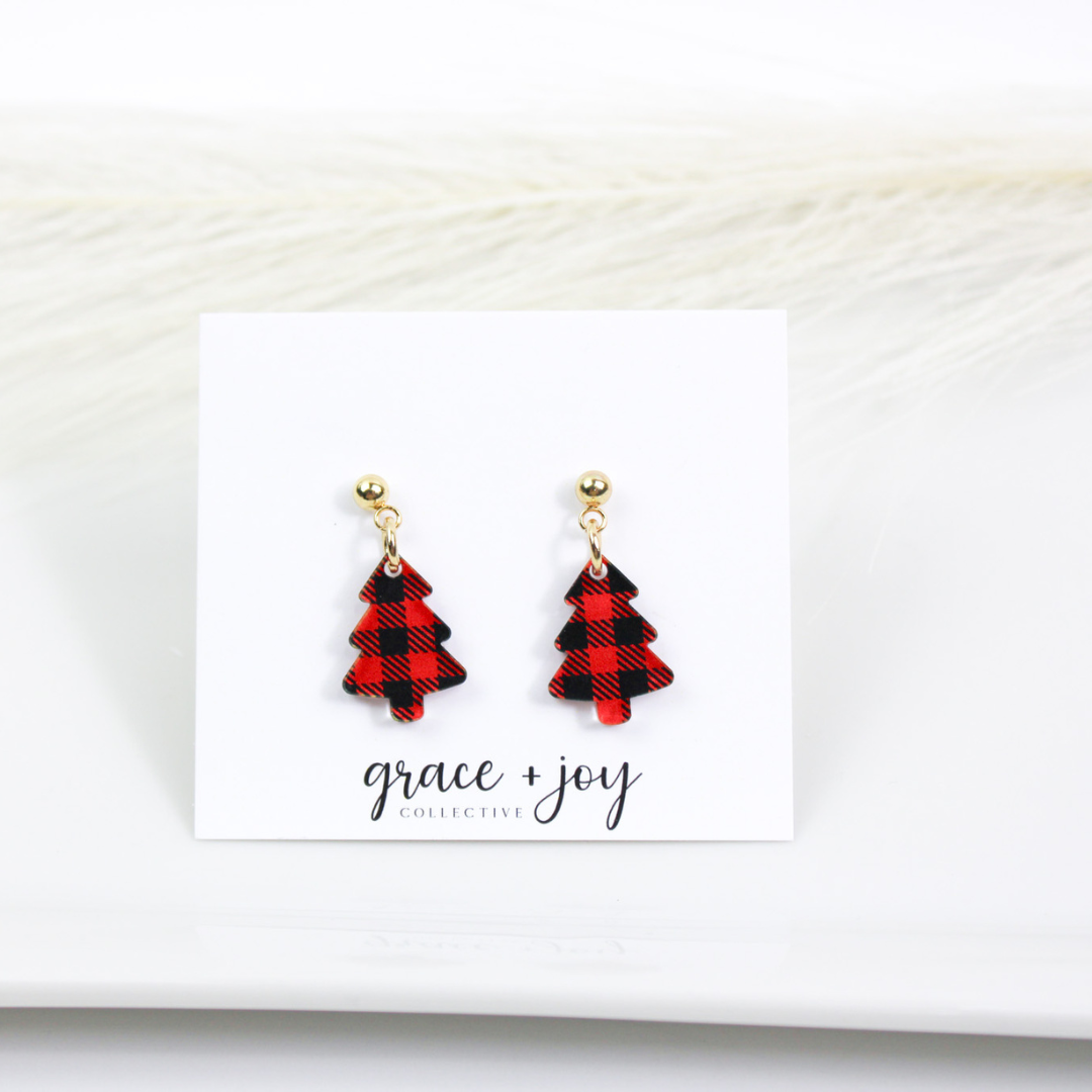 Grace + Joy Collective - Venta al por mayor Pendientes colgantes - Pendientes colgantes de mini árbol de Navidad, pendientes de cuadros de búfalo2