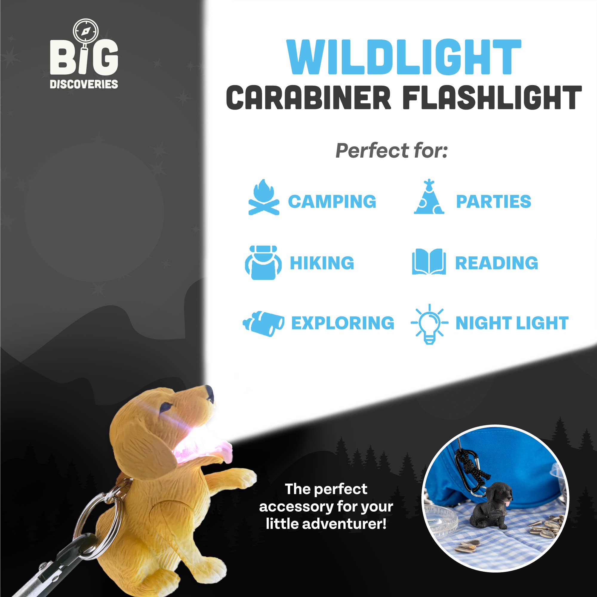 Big Discoveries / Sun Co. - Wholesale Light-Up Toy - Kids & Baby - WildLight Animal Carabiner Flashlight - Retriever Dog7