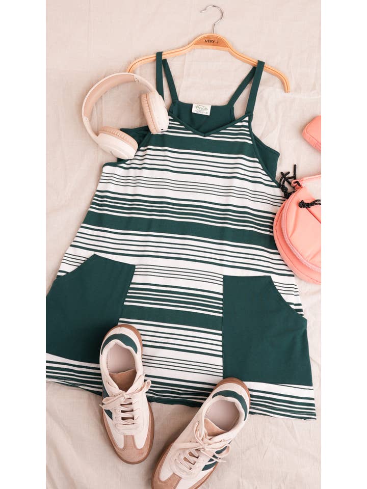 VERY J - Wholesale Romper - Women's - ND31600-Comfy Striped Knit Mini Dress W/ Shorts Inside