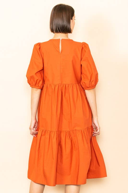 Elloh Collection - Wholesale Dress - Women's - SALE! Poplin Puff Sleeve Tiered Midi Dress with Pockets4