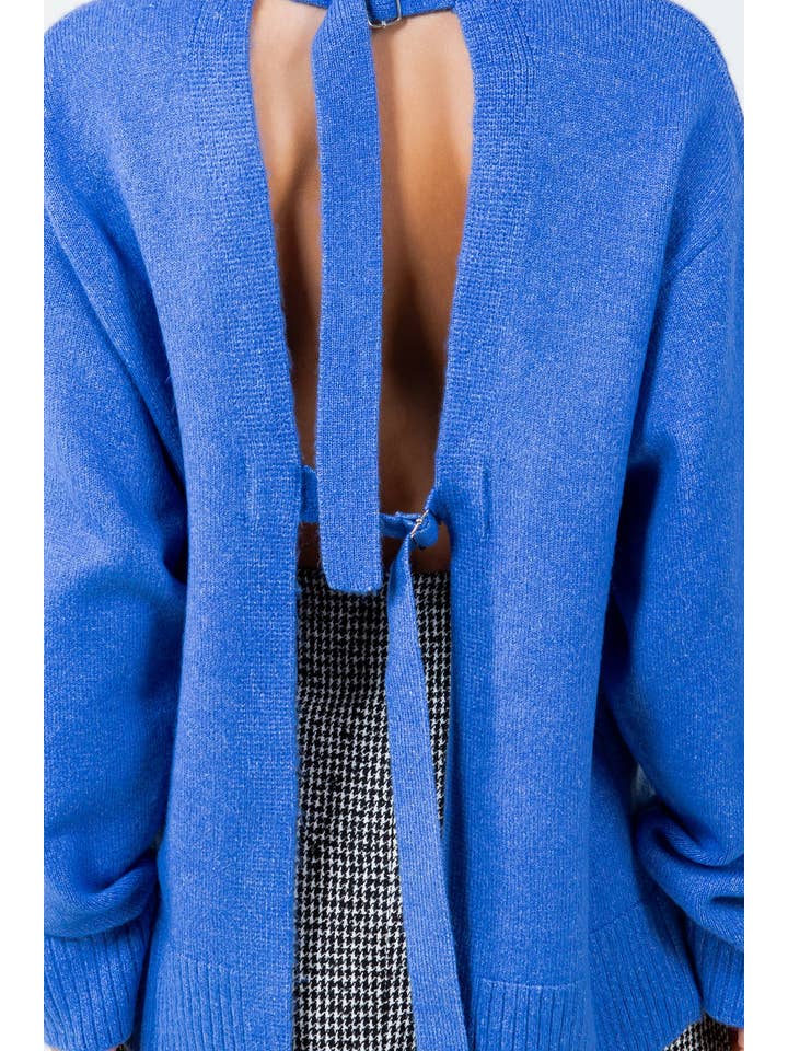 OPEN BACK WITH ADJUSTERS FUZZY KNITTED SWEATER - BLUE for wholesale on Faire5