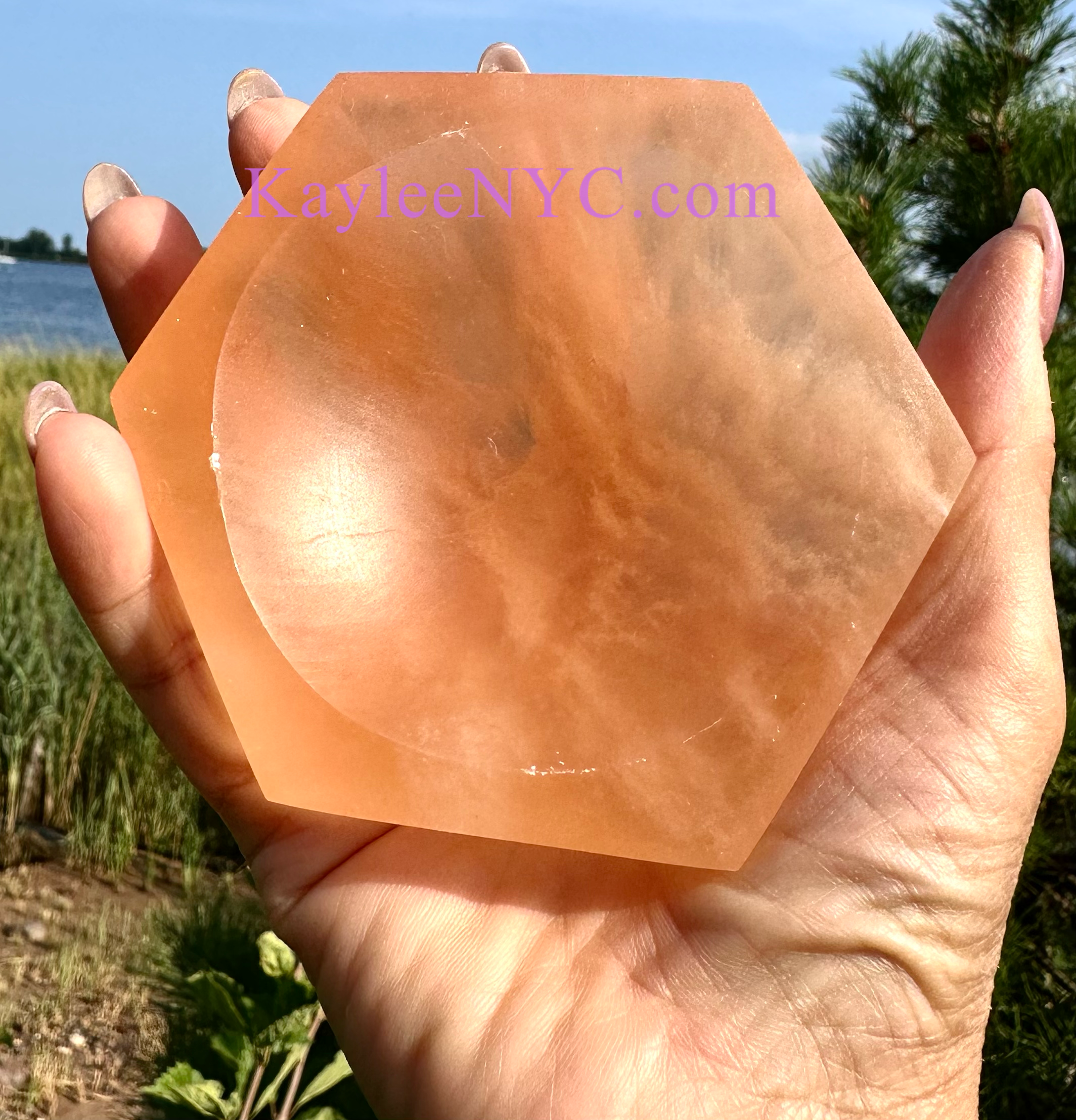 KayleeNYC - Wholesale Spiritual Stone/Crystal - Natural Peach Selenite Satin Spar Hexagon Bowls ~10cm4