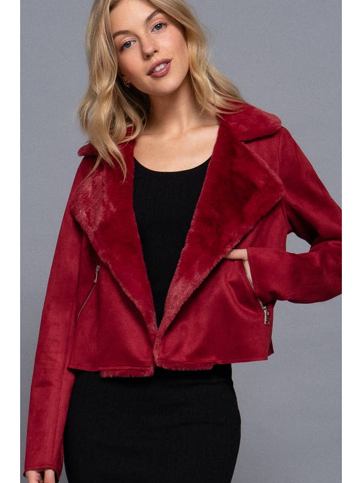 Active Basic | Active USA - Wholesale Jacket - Women's - Lapel Collar with Fur Detailed Faux Suede Biker Jacket