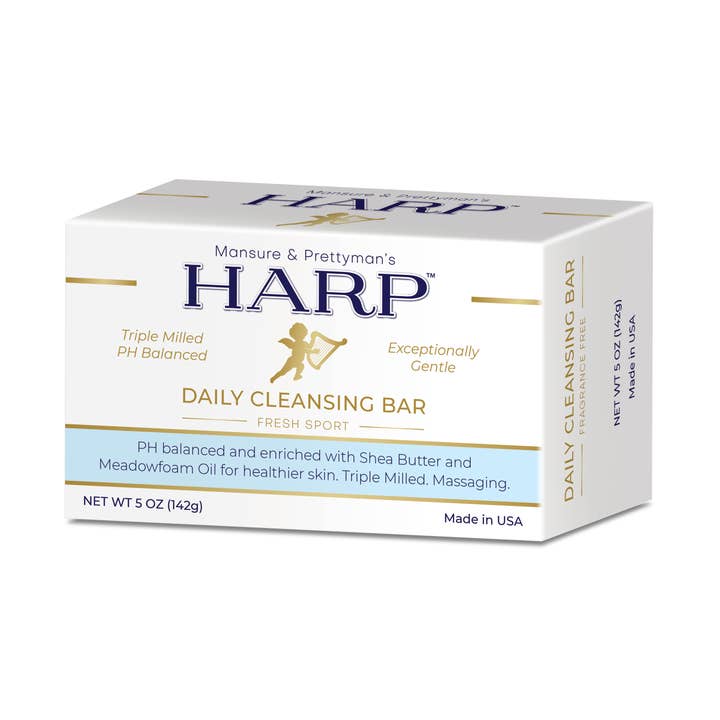 HARP pH-Balanced Body Wash Bar - Exceptionally Gentle For Dry or Sensitive Skin + Shea Butter-Borage oil- Meadowfoam | Non-Comedogenic | Soap-Free, Lye-Free. FRESH SPORT FRAGRANCE. 5oz for wholesale by Mansure & Prettyman's HARP