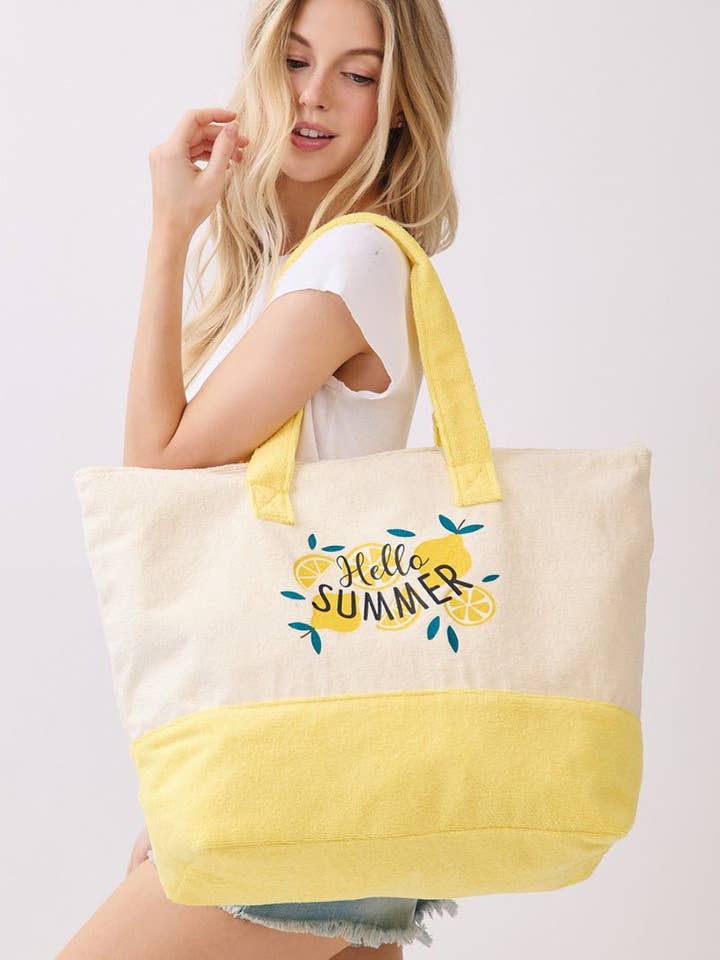 Hello Summer Lemon Yellow Terry Tote for wholesale by Wholesale Accessory Market