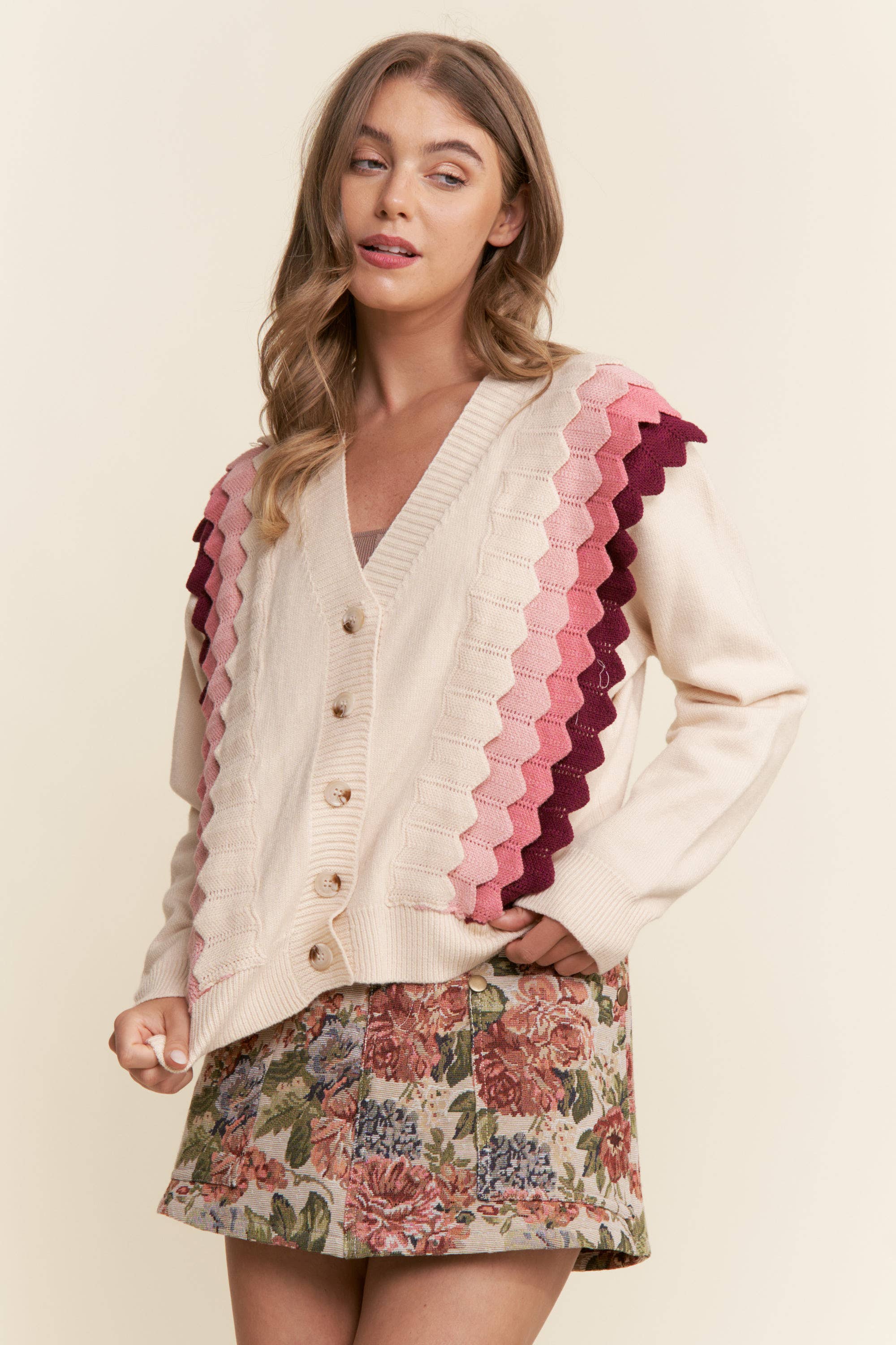 Lyserød Combo Multifarvet lagdelt cardigan med knapper for engroshandel på Faire2