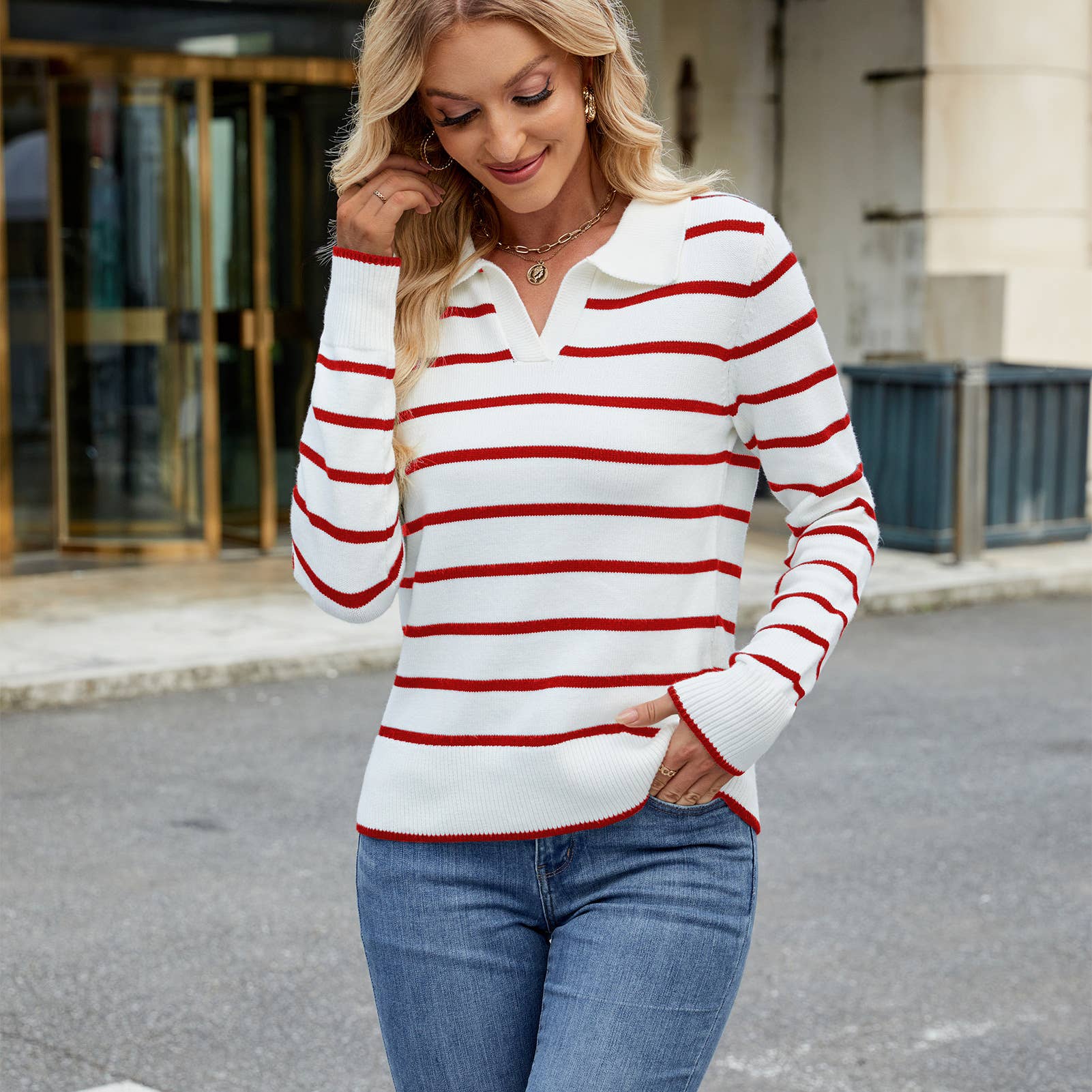 Lily Clothing - Wholesale Knit Sweater - Women's - CASUAL COLOR STRIPED SWEATER WITH LAPEL NECK21