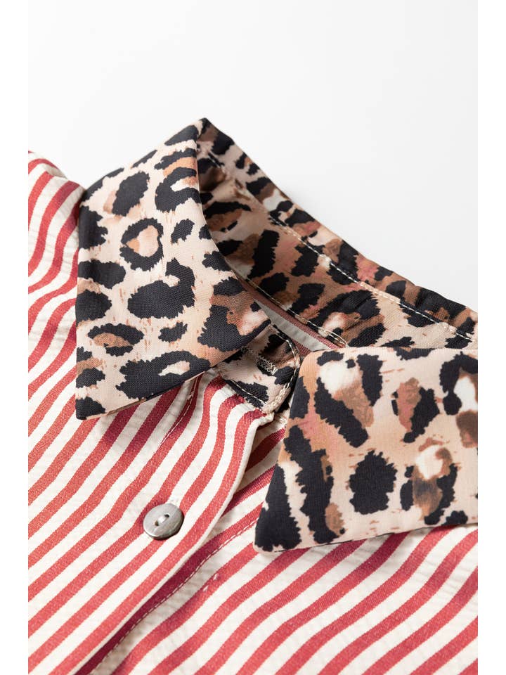 66DISCO - Vente Chemise à col boutonné – femme - Chemise à boutons léopard et rayures contrastées chic printemps 20269
