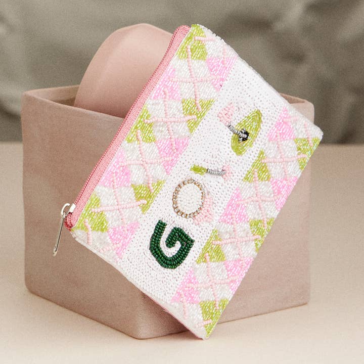 Pink Handcrafted Beaded Golf Themed Argyle Zip Pouch for wholesale on Faire