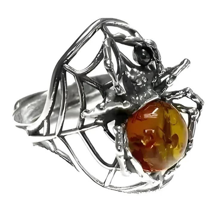 Amberman - Wholesale Single Stone/Solitaire Ring - Cognac Amber Sterling Silver Spider Adjustable Ring1