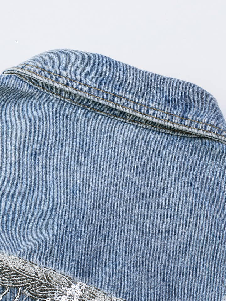 Sky Blue Sequin Embellished Fringe Distressed Denim Jacket for wholesale on Faire20