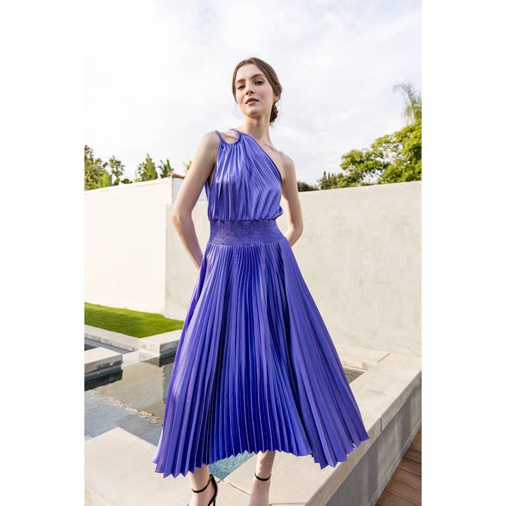 INA - Wholesale Dress - Women's - One-Shoulder Double Strap Pleated Satin Dress1