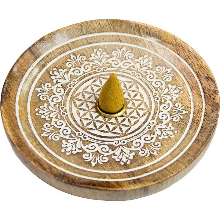 Kheops International - Wholesale Incense Holder - Mango Wood Cone Burner Laser Engraved - Flower of Life1