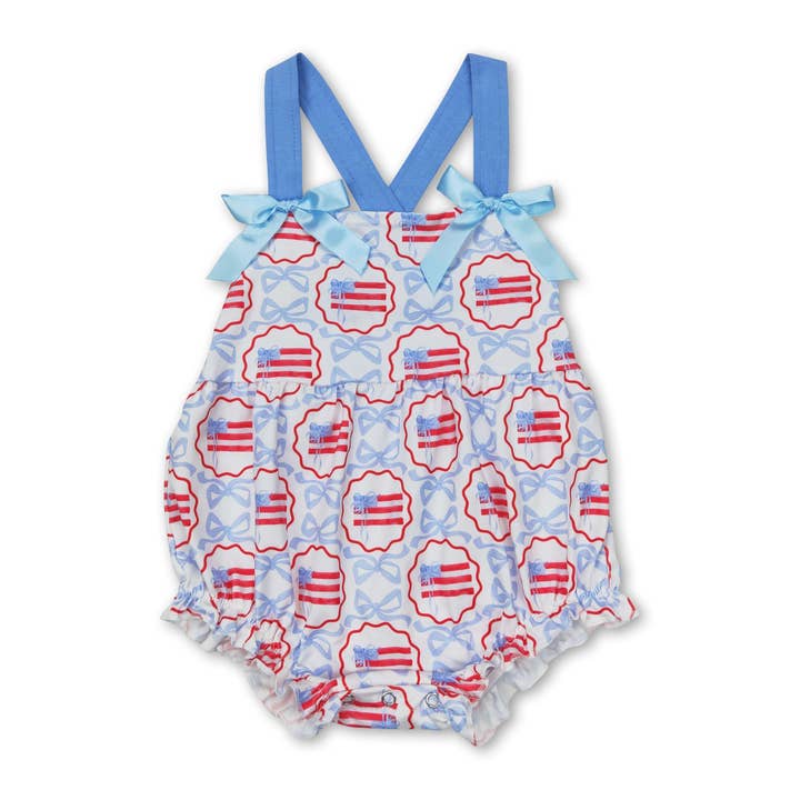 Blue straps bow flag baby girls 4th of july romper for wholesale by Yawoo Garments