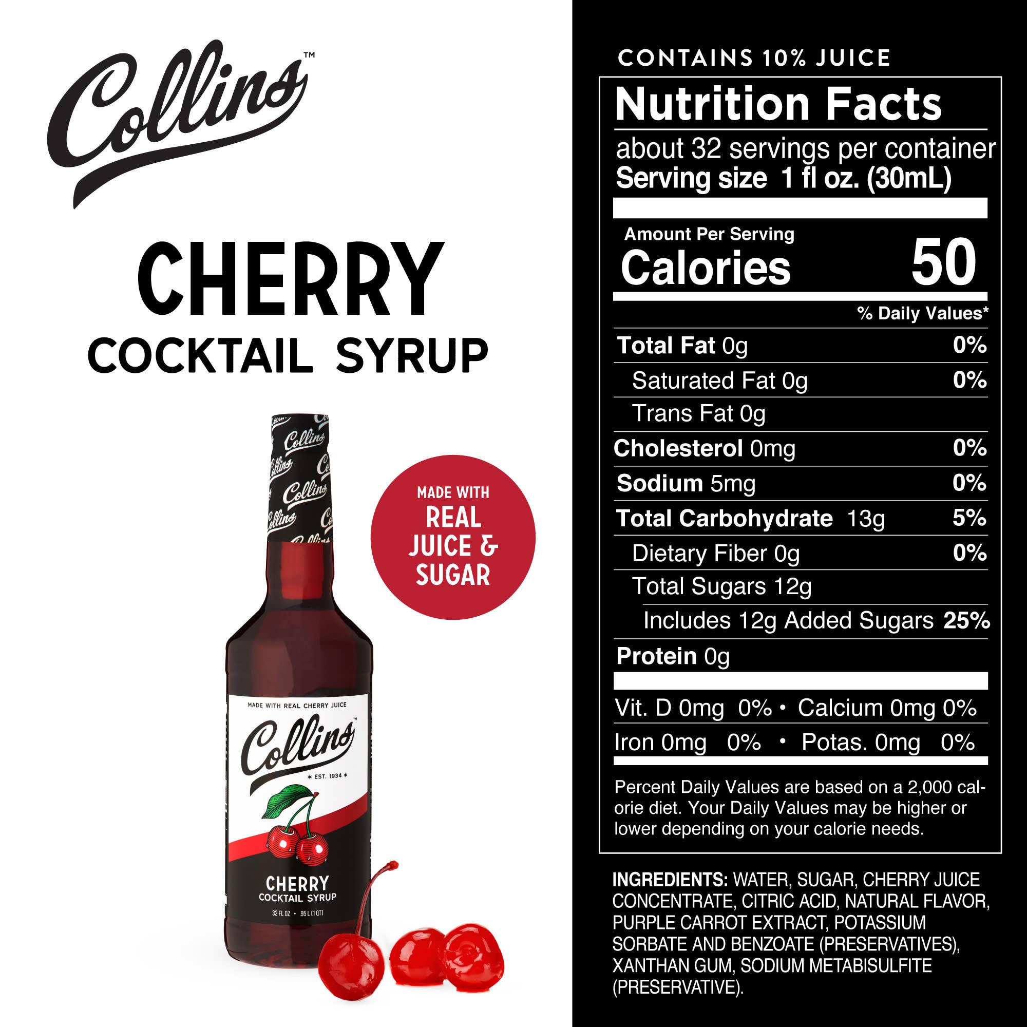 Collins - Wholesale Cocktail Mix/Syrup - Real Sugar Cherry Cocktail Simple Syrup 32 oz3