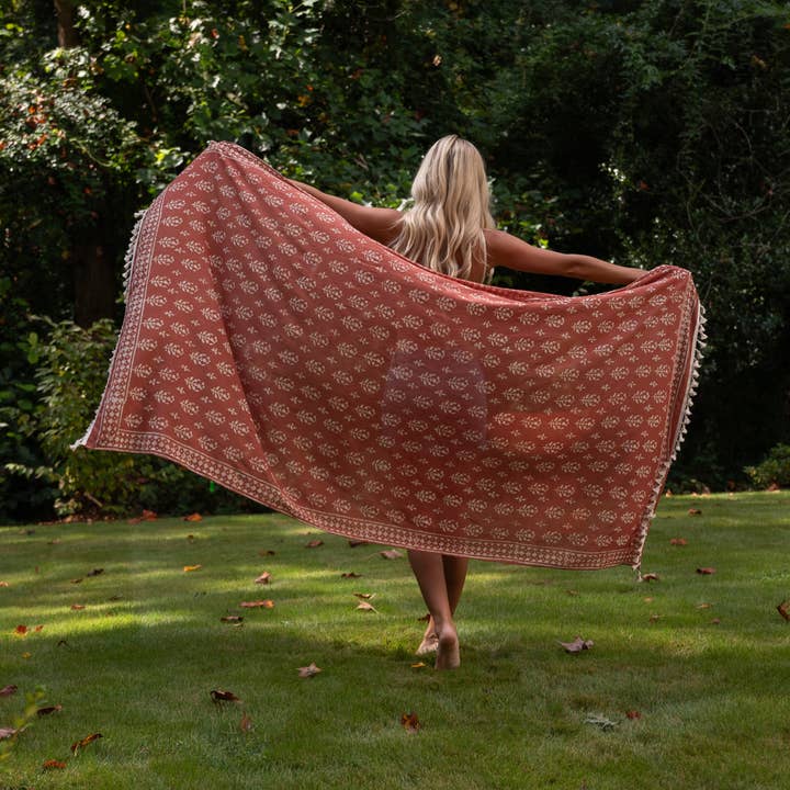 Handcrafted Cotton Sarong - Rust Leaf Print for wholesale by Anju Jewelry